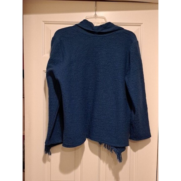 Kasper Boiled Wool Cardigan Jacket Blue Fringe Drape Open Front Size L - Picture 2 of 11